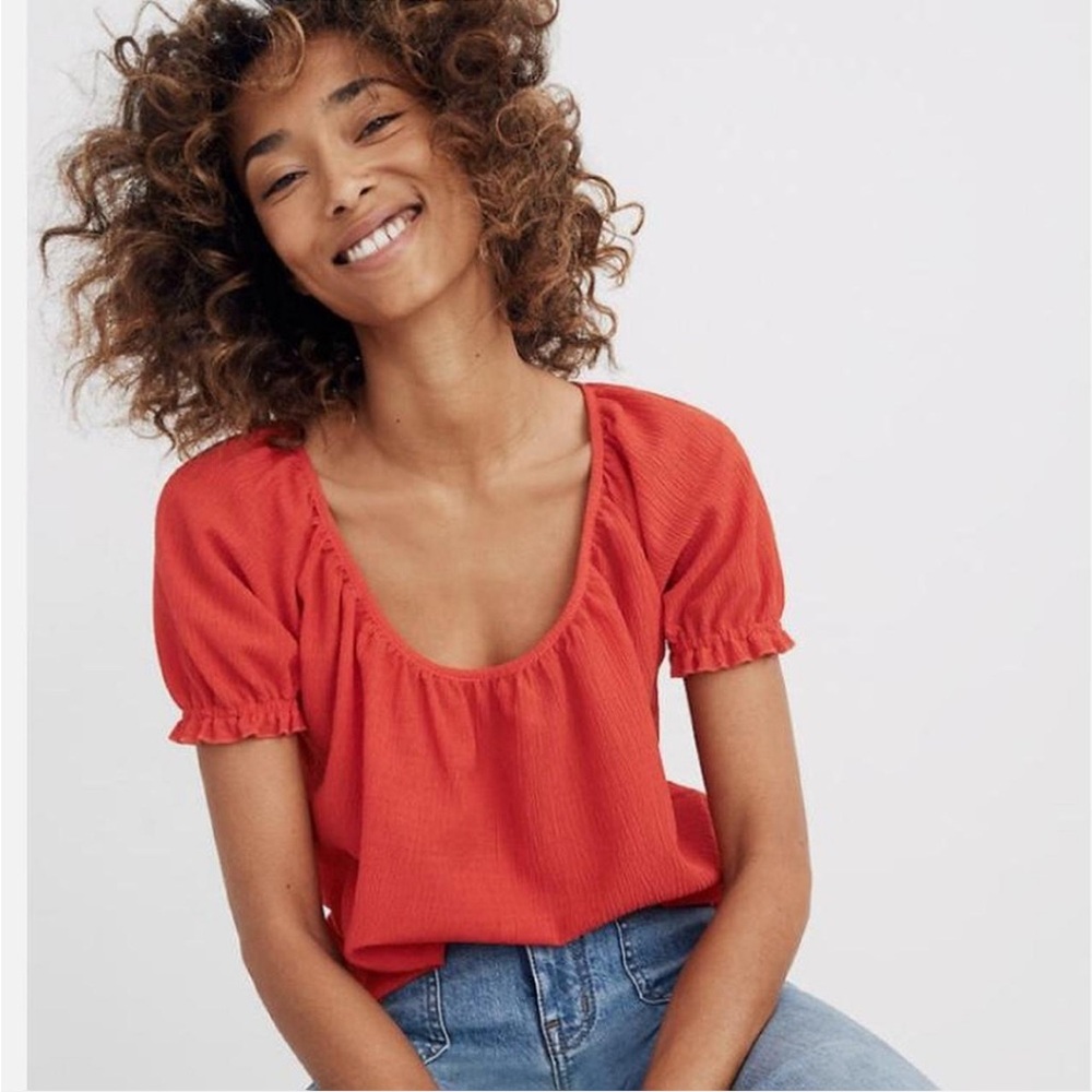 Madewell Texture & Thread Bright Red Peasant Top Size Small